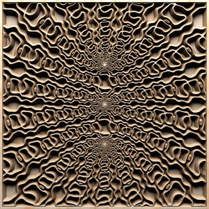 May include: A brown wooden wall panel with a repeating pattern of intricate, layered, carved shapes that create a swirling, radial design.