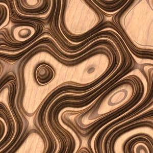 May include: Abstract wood grain pattern with a layered, undulating design. The wood is a light brown color with darker brown stripes.