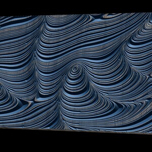 以下が含まれることがあります： 渦巻く線と曲線を持つ、抽象的な青と灰色の3Dパターン