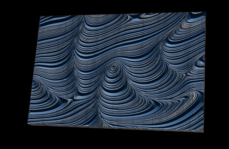 以下が含まれることがあります： 渦巻く線と曲線を持つ、抽象的な青と灰色の3Dパターン
