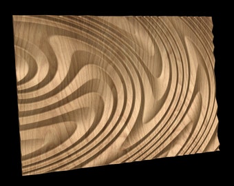 May include: A wooden wall panel with a swirling, abstract pattern carved into the surface. The wood is a light brown color and the pattern is created by a series of concentric circles and curves.