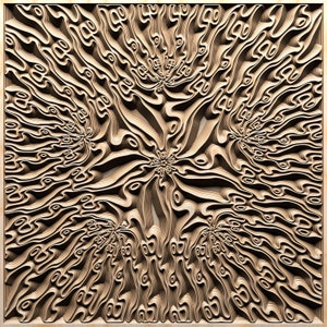 May include: A brown wooden wall art piece with a complex, intricate pattern of overlapping, wavy lines. The pattern creates a 3D effect, with the lines appearing to rise and fall.