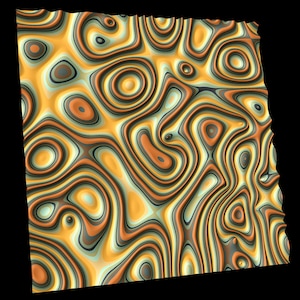 May include: Abstract digital art with a swirling pattern of yellow, orange, green, and black. The pattern resembles a topographic map or a geological formation.