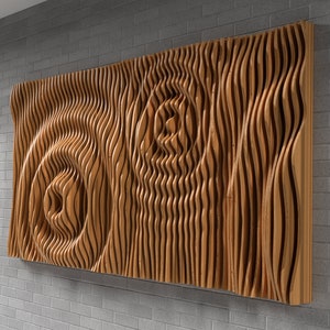 May include: A wooden wall art piece with a wavy, abstract design. The piece is made of thin strips of wood that are layered and curved to create a three-dimensional effect.