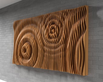 May include: A wooden wall art piece with a wavy, abstract design. The piece is made of thin strips of wood that are layered and curved to create a three-dimensional effect.
