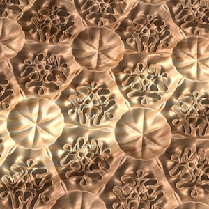 May include: A repeating pattern of intricate, stylized floral designs carved into a wooden surface. The wood has a warm, golden brown color and a smooth, polished finish.