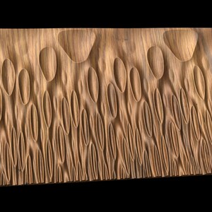 May include: A wooden wall panel with a textured surface featuring a repeating pattern of raised and recessed ovals. The panel has a natural wood grain and a warm brown color.