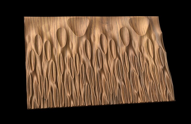 May include: A wooden wall panel with a textured surface featuring a repeating pattern of raised and recessed ovals. The panel has a natural wood grain and a warm brown color.