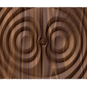 May include: A wooden wall panel with a circular pattern, resembling ripples in water. The panel is made of dark brown wood with a natural grain.