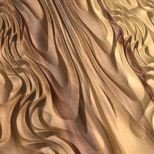 May include: Abstract wood carving with a swirling, layered pattern in shades of brown and gold.