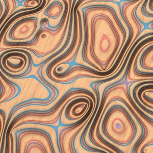 May include: Abstract wood veneer with a layered, swirling pattern in shades of brown, blue, and pink.