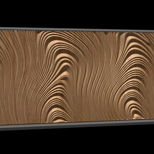 May include: A framed wall art piece with a wood-like texture and a wavy, abstract design. The frame is a dark gray color.