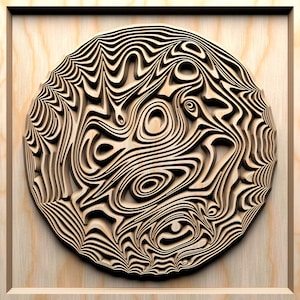 Könnte beinhalten: Ein rundes Wandbild aus Holz mit einem geschnitzten Design aus wirbelnden Linien und Kurven. Das Design erinnert an eine Holzmaserung.