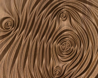 Puede incluir: Talla de madera abstracta con un patrón de círculos concéntricos en espiral. La madera es de color marrón claro y la talla es muy detallada.