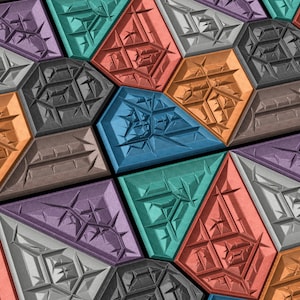 May include: A geometric pattern of colorful, textured tiles. The tiles are arranged in a repeating pattern of hexagons and triangles. The tiles are in shades of blue, green, purple, orange, and gray.
