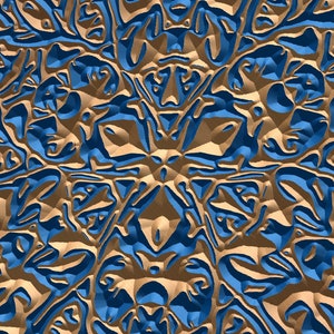 May include: Abstract geometric pattern with a repeating design of blue and brown shapes. The pattern is symmetrical and creates a sense of depth and dimension.