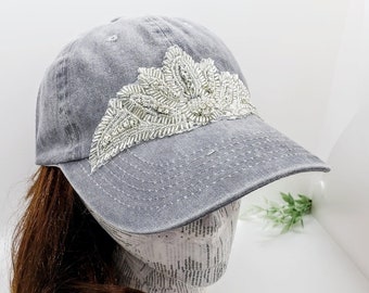 Rhinestone Ponytail Baseball Hat - Distressed Gray Cap