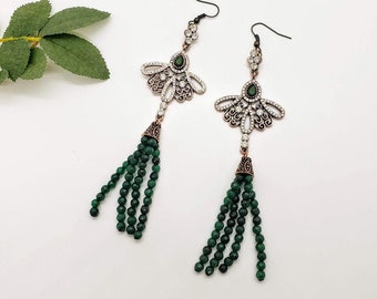 Vintage Style Earrings; Dangle Earrings; Emerald and Bronze Earrings; Victorian; Costume Earrings; Old Western Earrings; Womens Earrings