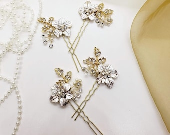 Gold Flower Wedding Hair Pins: Rhinestone & Pearl Hair Jewelry