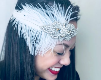 Gatsby Flapper Headband: Rhinestone & Feather 1920s Headpiece