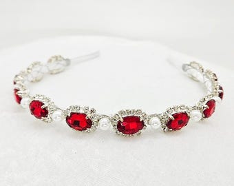 Ruby Rhinestone and Pearl Headband: Medieval Princess Crown; Ruby Diadem; Diadem Crown; Ruby and Pearl Crown; Cosplay Crown; Ruby Accessory