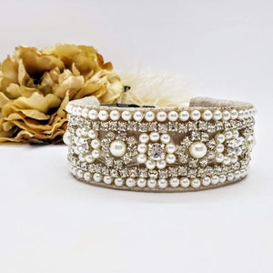 Jeweled Flower Dog Collar; Unique Dog Collars; Wide Dog Collar; Wedding Dog Collar; Diamond Dog Collar; Bling Dog Collar; Pearl Dog Collar