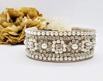 Jeweled Flower Dog Collar; Unique Dog Collars; Wide Dog Collar; Wedding Dog Collar; Diamond Dog Collar; Bling Dog Collar; Pearl Dog Collar