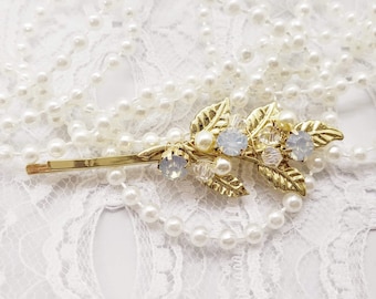 Gold Opal Wedding Bobby Pin: Bridal Leaf Hair Pin