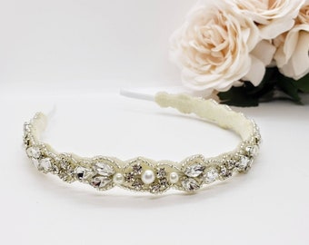 Diadema fina con diamantes de imitación de perlas; Diadema nupcial delgada; Diadema nupcial de perlas; Diadema de boda; Diadema de boda con cuentas; Accesorio nupcial