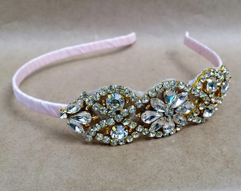 Blush Rhinestone Wedding Headband: Gold Bridal Headpiece