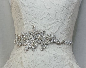The "Aurora" Bridal Sash; Vine Flower Sash; Rhinestone Bridal Sash; Crystal Beaded Flower Sash; Unique Wedding Sash; Plus Size Wedding Belt