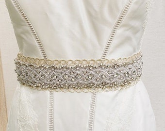Wide Lace Rhinestone Wedding Sash: Pearl Jeweled Bridal Belt