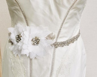 The "Daphnie" Bridal Sash; Chiffon Flower Sash; Rhinestone Bridal Sash; White Flower Sash; Unique Wedding Dress Sash; Fabric Flower Sash