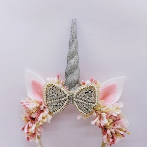 Pink Unicorn Headband; Unicorn Headband with Bow; Bow Unicorn Headband; Silver Horn; Unicorn Birthday Party; Silver Unicorn; Pink Unicorn