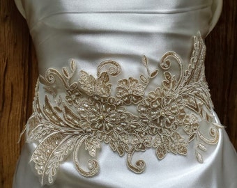 The "Angelina" Bridal Sash; Large Lace Wedding Dress Sash; Lace Bridal Sash; Beaded Lace Flower Sash; Unique Wedding Sash; Ivory Lace Sash