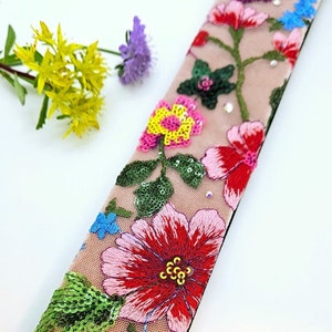 Flower Garden Guitar Strap; Embroidered Flower Guitar Strap; Girl&#39;s Guitar Strap; Pink Guitar Strap; Flower Guitar Strap; Flower Strap