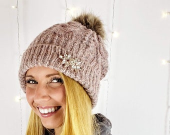 Pink Knit Pom Pom Hat: Cashmere Cotton Blend, Rose Gold Bling