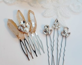 Rose Gold Quartz Bridal Hair Comb & Rhinestone Pins