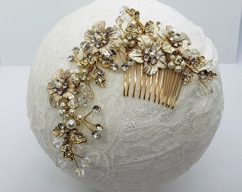 Gold Flower Bridal Comb: Rhinestone Pearl Wedding Hair Piece