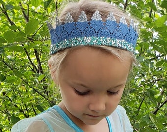 Children's Queen Elsa Blue Glitter Lace Crown; Girl's Crown Headband; Hipster Toddler Crown; Elsa Birthday Crown;Elsa Costume Crown for Kids