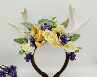 Woodland Creature Antler Headband; Deer Headband with Flowers; Fawn Headband; Bacchus Headpiece; Dionysus Headpiece; Wine Headband
