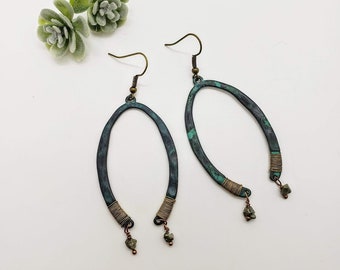 Southwestern Boho Earrings: Pounded Metal with Bronze Stones