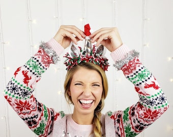 Christmas Unicorn Headband with Santa Hat: Xmas Party Headwear