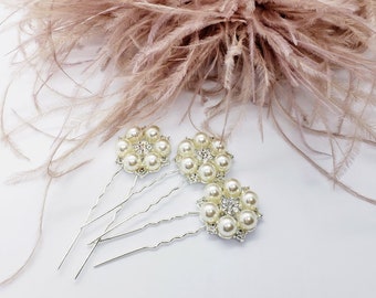 Rhinestone Flower Bridal Hair Pins: Pearl Wedding Hairpiece Set