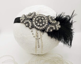 Black Flapper Headband: Rhinestone & Feather Art Deco Headpiece