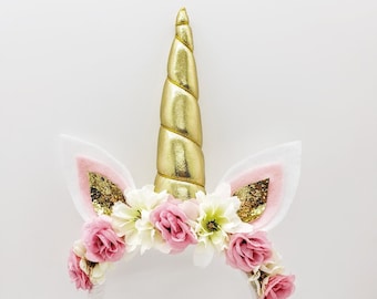 Pink and Gold Flower Unicorn Headband: Kid's Costume
