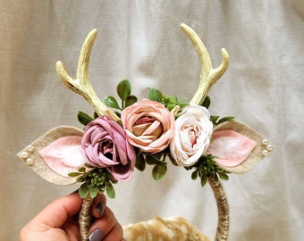 Deer Antler Headband with Roses, Fawn Costume Headpiece