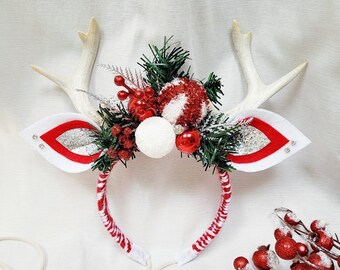 Candy Cane Deer Headband: Christmas Floral Antlers, Rhinestone Accent