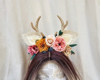 Glitter Antler Headband: Floral Deer Costume Headpiece