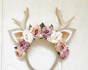 Flower Deer Headband: Rose, Pearl & Glitter Antlers, Costume Headpiece